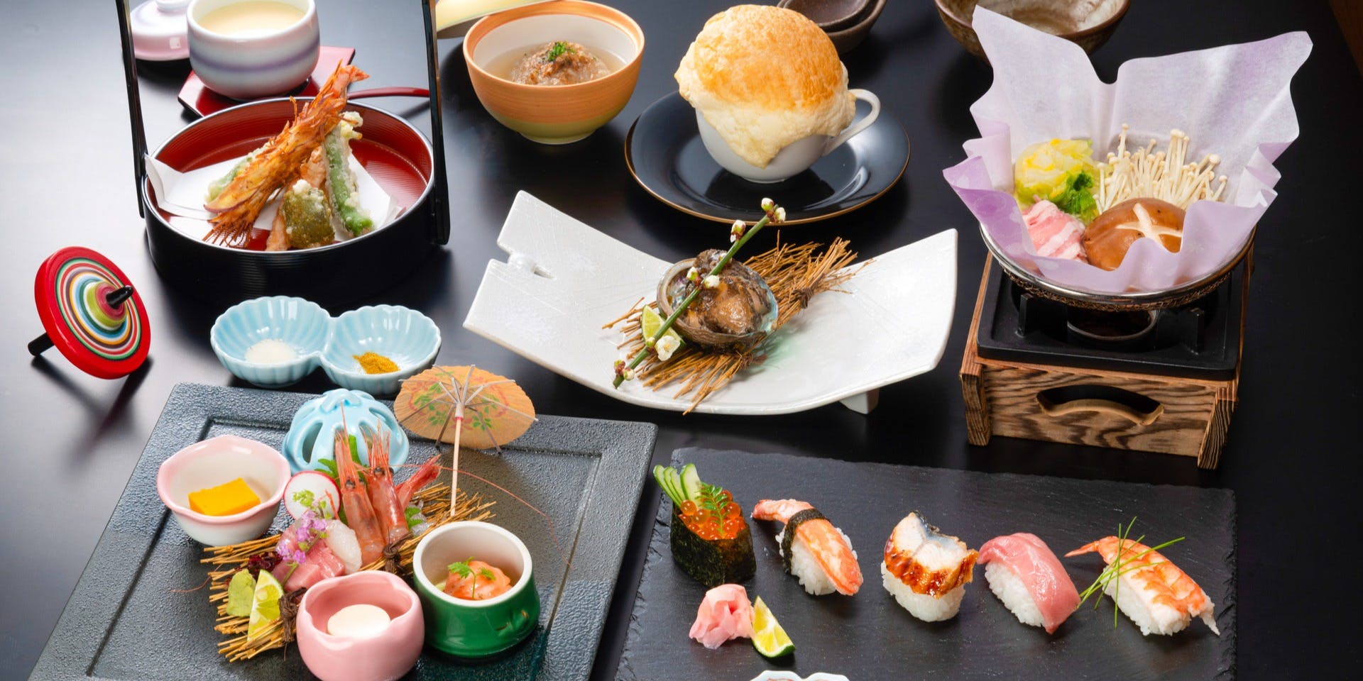 割烹 大正 【天麩羅会席】お造り、活け鮑ステーキ、寄せ鍋、特上寿司