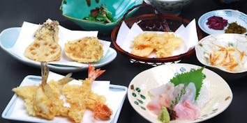 大浅利香り揚げや車海老の天ぷら、刺身3種盛りを味わえる「風花」コース - 天ぷら新宿つな八 柏店