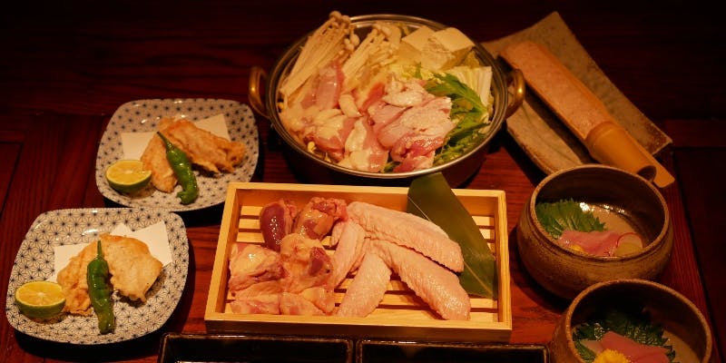 極上しゃも肉でご用意！【極上しゃも鍋と焼き鳥コース】先着順で軍鶏しゃぶ付！焼きしゃも3種、など全7品