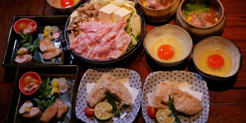 【軍鶏すき焼きと焼き鳥コース】焼きしゃも3種、軍鶏すき焼き、天ぷらなど全7品　軍鶏料理のフルコース