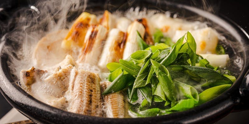 【うなぎ鍋コース】刺身盛り合わせ、肝焼き、蒲焼き、うなぎ・野菜の天ぷら、デザートなど