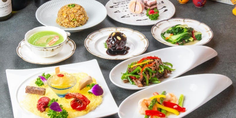 【料理長特選コースA】大海老とアスパラガスや創作黒酢鶏の松の実のせ含8品　6500円→5500円