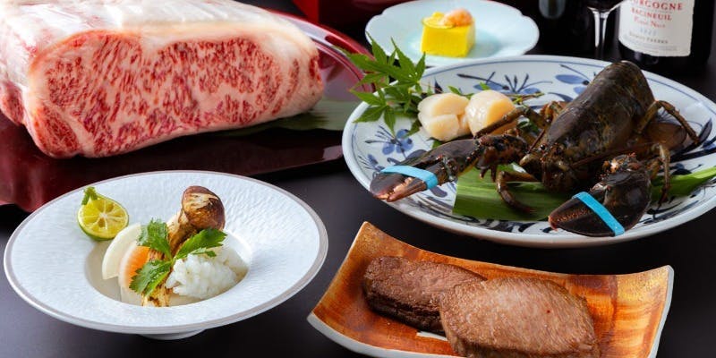 鉄板焼 ディナーコース 【華】はなやぎ＋季節の前菜・海の幸＆黒毛和牛の食べ比べ鉄板焼き　など7品