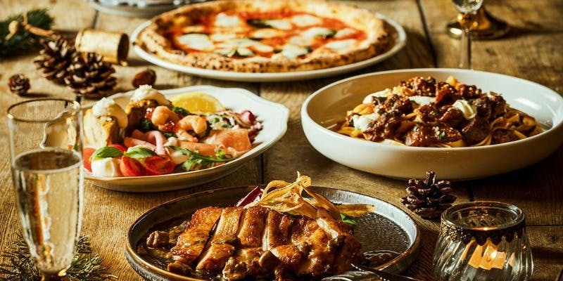 【シェアで愉しむXmas】鶏ももソテー、ピッツァ、パスタ、前菜、ドルチェ＋乾杯泡ワイン（12/23～25限定）