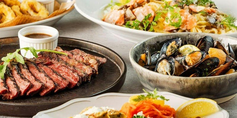 【プレミアムコース】牛赤身グリル、選べるピッツァ、サーモンパスタ等＋2時間飲み放題