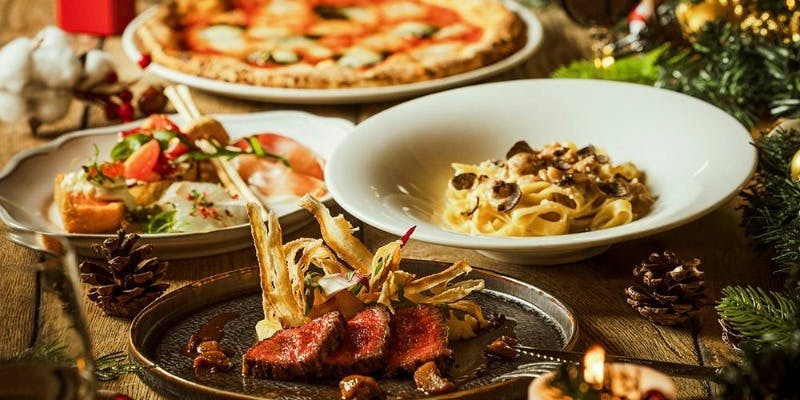 【Xmas2025】黒毛和牛グリル、マルゲリータ、黒トリュフのパスタ等全5皿＋乾杯泡ワイン（12/20～12/25）