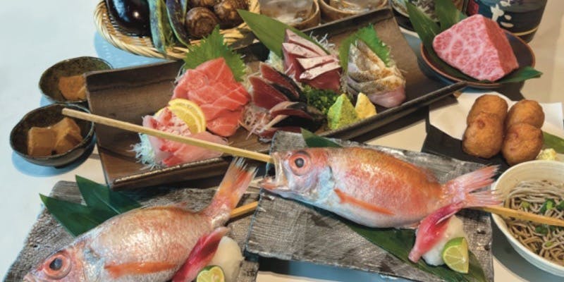 全7品 薩摩黒毛和牛ザブトンステーキ・のどぐろ原始焼1人1尾コース（飲み放題付き）9,000円