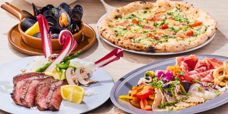 【ナポリコース NAPOLI COURSE】特選牛窯焼きと世界一のPIZZAが楽しめるコース。全7皿（お食事のみ）