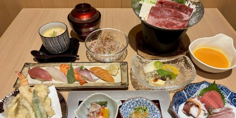 【忘新年会コース】季節の天ぷらとお寿司に国産黒毛和牛すき鍋付き　全9品