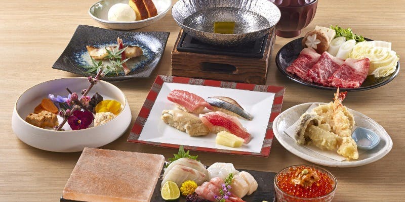 【大海原】寿司、天ぷら、しゃぶしゃぶ、おすすめ料理を楽しめるプラン＋120分フリーフロー