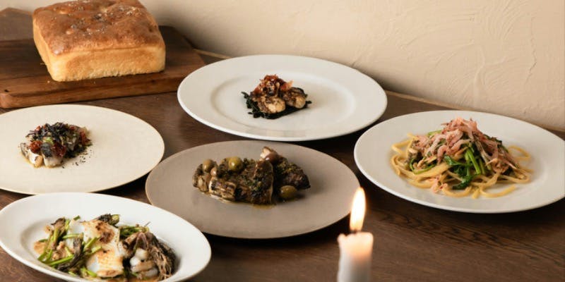 旬の食材コース5皿（別で、焼き立てフォカッチャ、ドルチェ、ティー付き）※1部シェアスタイル