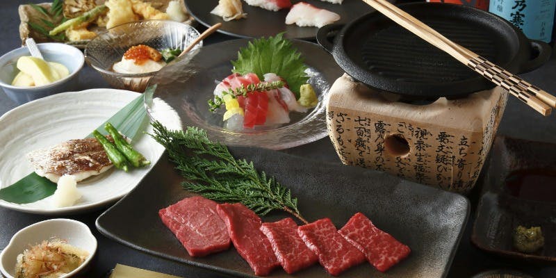 竹コース/黒毛和牛の鉄板焼きに、お造り3種盛り・天ぷら盛り・お魚料理・握りなど全8品