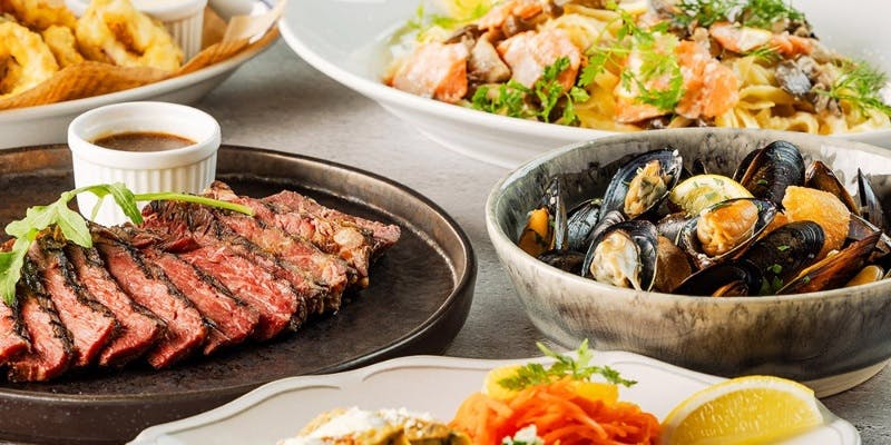 【プレミアムコース】赤身のグリル、選べるピッツァ、生ハム、ムール貝、パスタ等＋2時間飲み放題