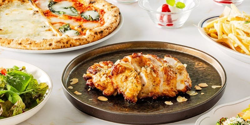 【サルヴァトーレコース】鶏もも肉のソテー、マルゲリータ、前菜4種盛、季節のパスタ等＋2時間飲み放題