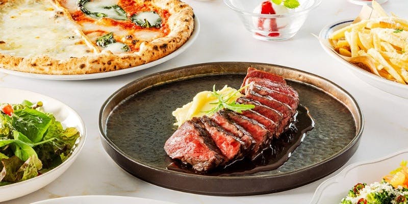 【デラックス】黒毛和牛のグリル、マルゲリータ、前菜4種盛、季節のパスタ等＋2時間飲み放題