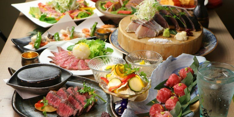 【仙コース】鰹と旬魚藁焼き×サロマ牛藁焼き×和牛手毬寿司／全12品＋3時間飲み放題