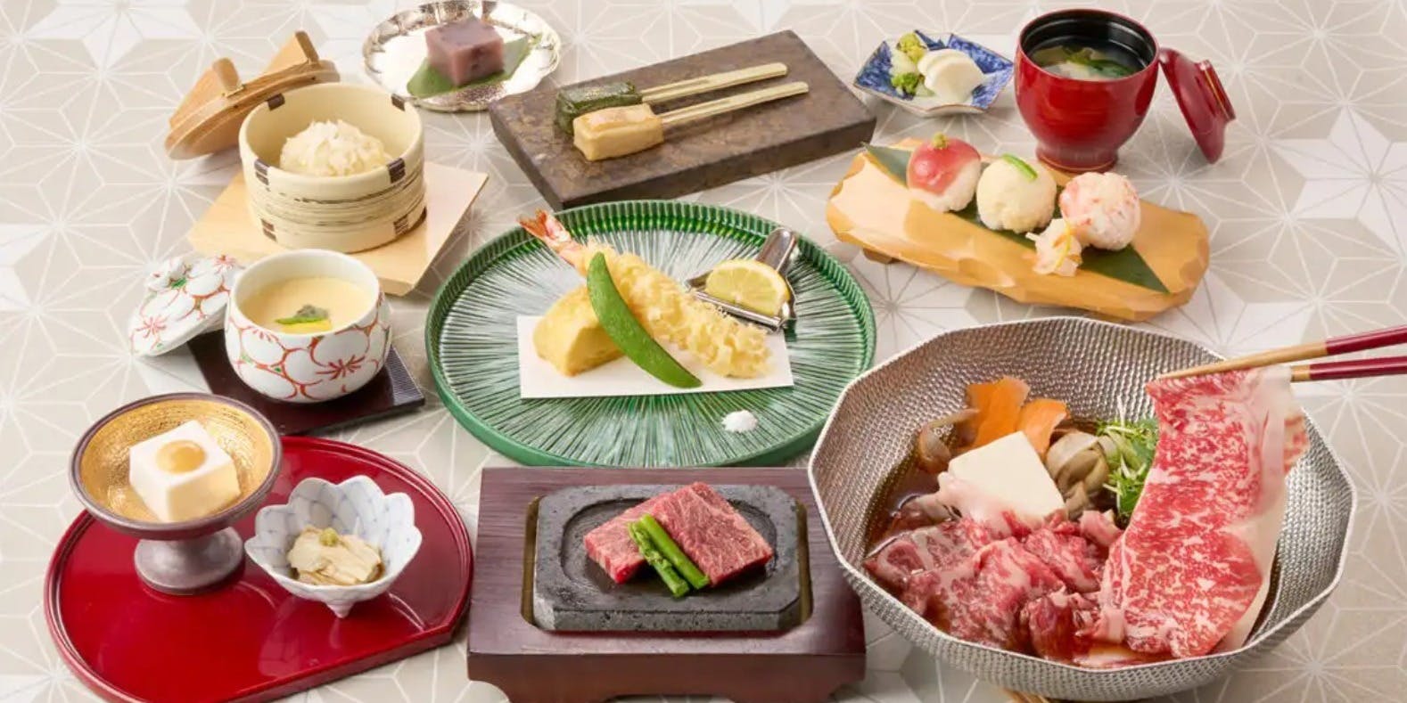 梅の花 松山店 大阪万博記念懐石【黒毛和牛の牛すき煮】天婦羅や手毬