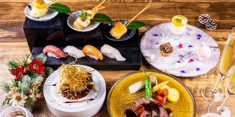 【Xmas2025】＜12/24.25限定＞乾杯酒付！にぎり寿司・串揚げ・国産牛ステーキなど全7品