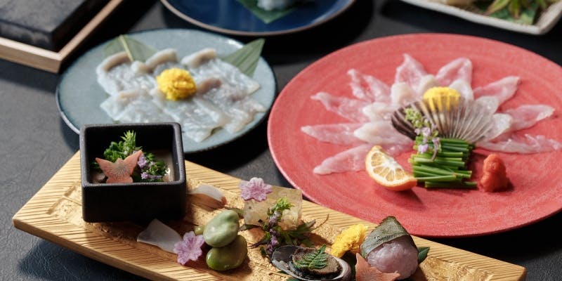 【お祝い膳コース】祝物五種盛・溶岩焼きふぐ三種・寿司三種など全9品（養殖ふぐ）