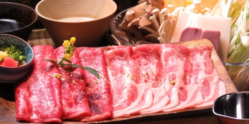 【能登牛コース】すき焼き、前菜3種、野菜盛り、氷見うどん、甘味の全5種