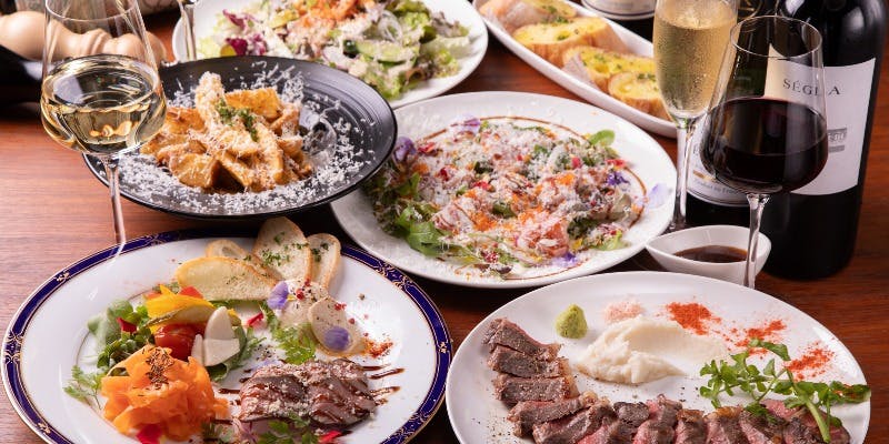 【国産牛ハラミステーキコース】飲み放題2時間付！前菜盛や魚料理など全6品