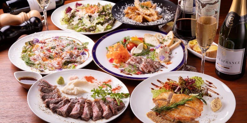 ステーキの王様！【黒毛和牛もも肉ステーキコース】飲み放題2時間付！前菜盛や魚料理、〆など全7品