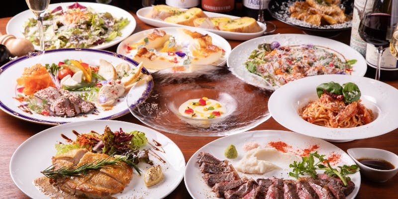 2種の国産牛食べ比べ【黒毛和牛もも＆国産牛フィレステーキコース】飲み放題2H　デザート付き　全8品