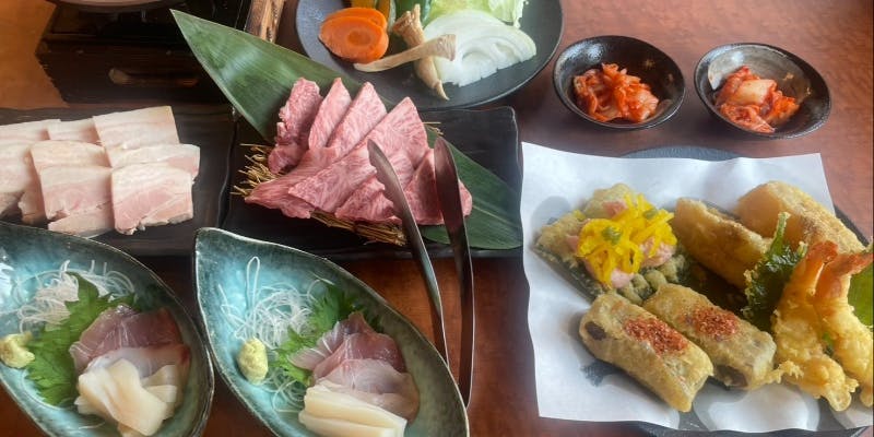 【天ぷらコース】刺身盛合せ、和牛焼肉、天ぷら盛合せなど全4品＋2H飲み放題