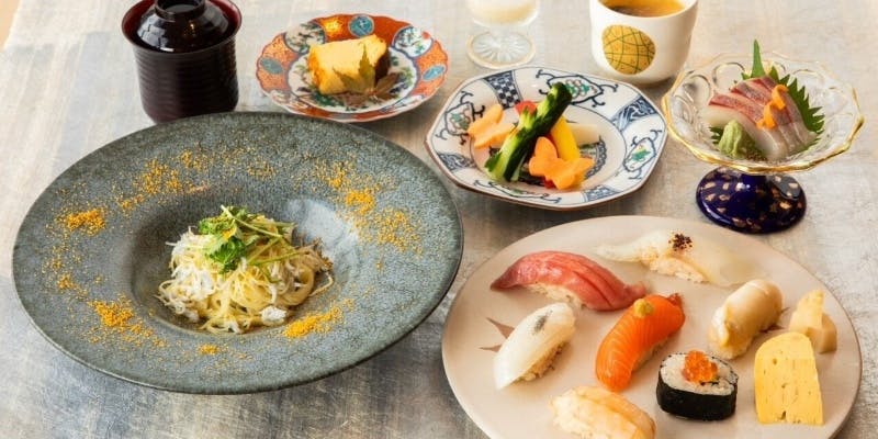 【弥山ーMisenー】前菜、お造り、茶碗蒸し、冷製パスタ、寿司8貫＋玉子、味噌汁など全7品
