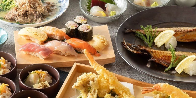  【あおい】上寿司盛り合わせ・大海老の天婦羅など（全9皿）＋2時間飲み放題