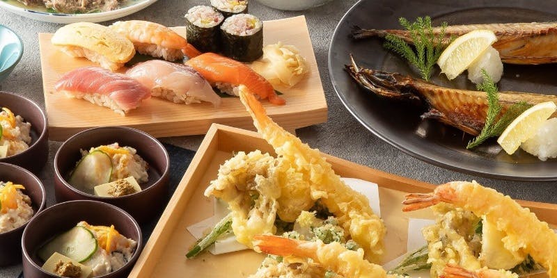  【あおい】上寿司盛り合わせ・天婦羅盛り合わせなど（全9皿）＋2時間飲み放題（あおいプラス）