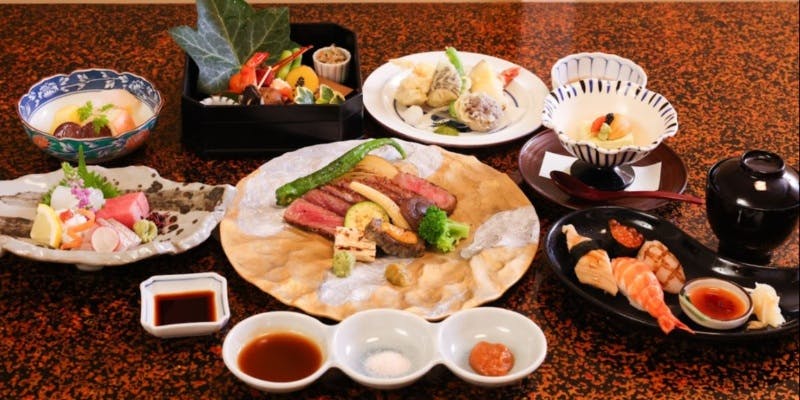 【ステーキ会席】京都牛のステーキ、海鮮寿司など全6品（刺身なし）