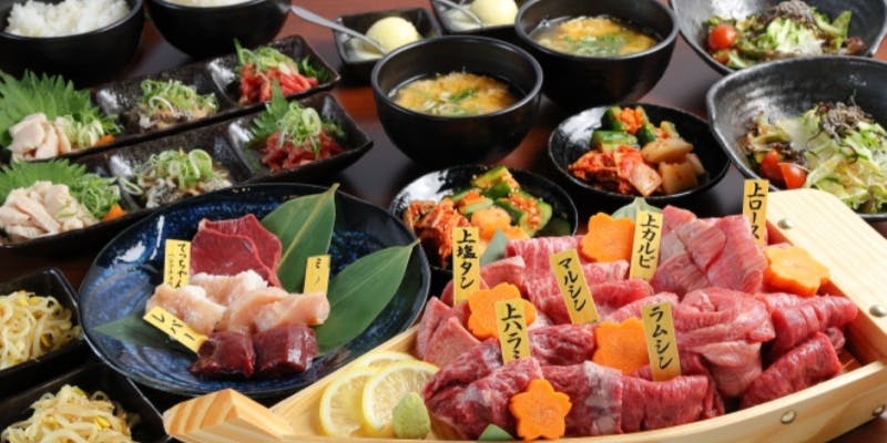 【極満足コース】先附3種盛り、上タン、上ロース、ホルモン、希少部位2種、ご飯、デザートなど全15品程度