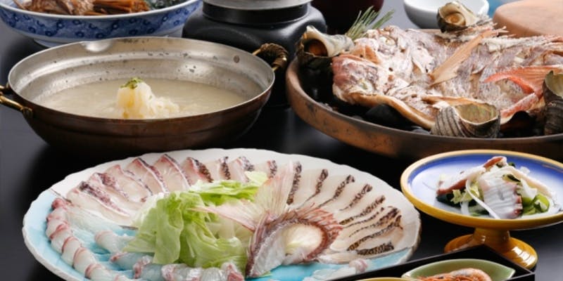 【玉ねぎフォンデュ鯛しゃぶコース】鯛しゃぶしゃぶ、鯛宝楽焼き、鯛あら煮、鯛釜飯など全10品程度