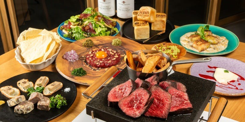 【フリーフローランチ】塊肉ステーキ/馬肉のタルタルなど全6品＋2時間飲み放題