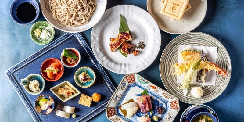 【ディナー】董・蕎麦懐石フルコース（蕎麦前8点盛、お造り、季節天ぷら、拘り焼物2種、手打ち蕎麦など）