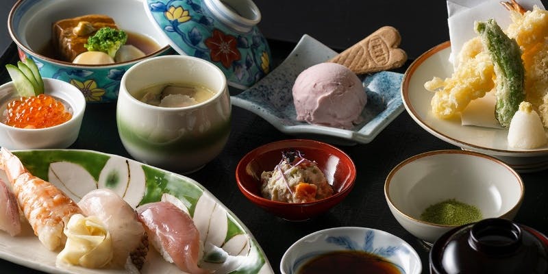 【にぎわい御膳】握り寿司四種・長崎名物豚の角煮・海老・季節野菜の天婦羅 長崎抹茶塩など全7品
