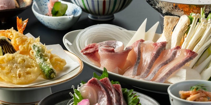 【九十九島ひらまさ御膳】季節の小鉢・海老と季節野菜の天婦羅 抹茶塩・二種盛りなど全7品